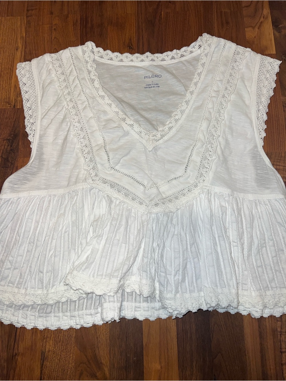 Pilcro White Lace-Trim V‑Neck Peplum Crop Top